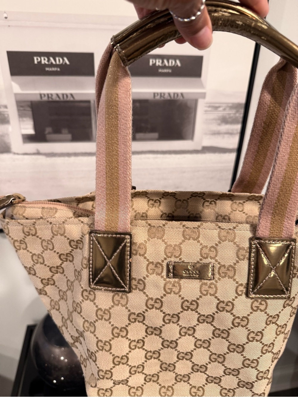 Gucci Beige Monogram Canvas Tote with Pink-Striped Straps